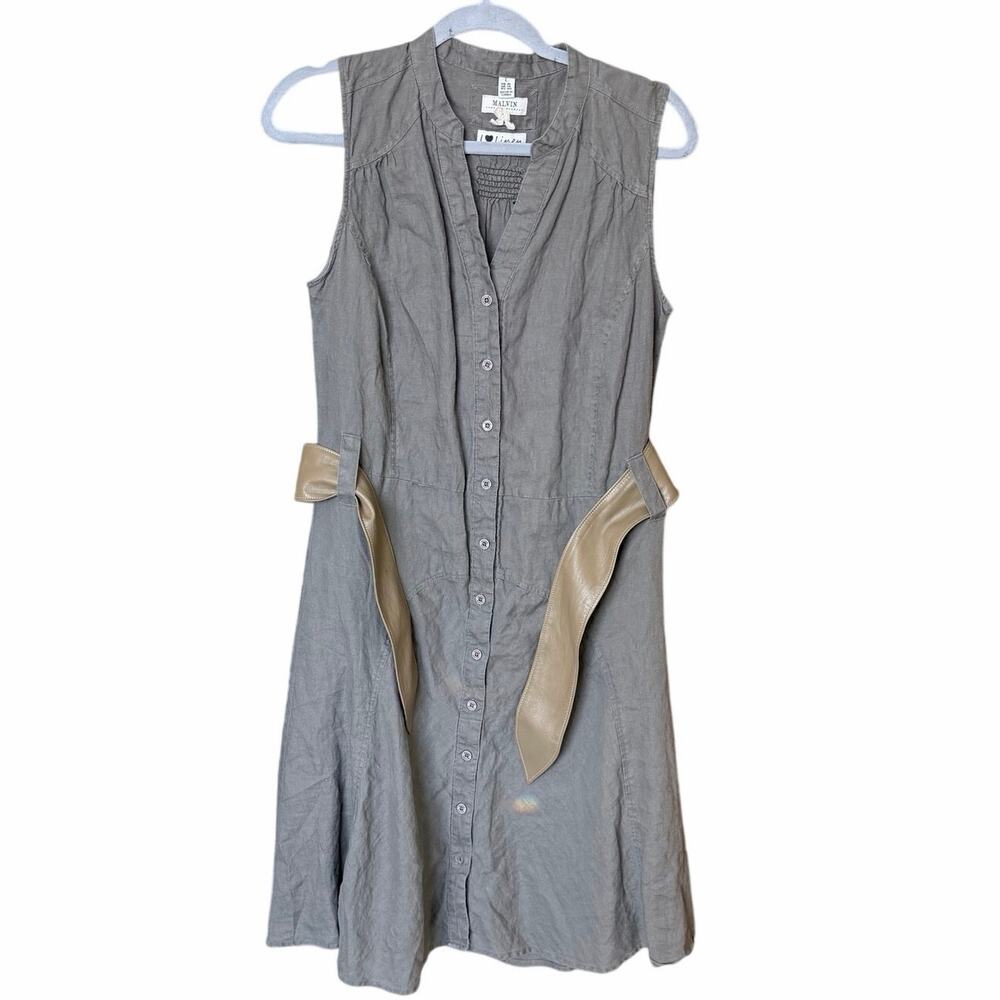 Malvin 100% linen olive green dress lagenlook sleeveles button down large belted